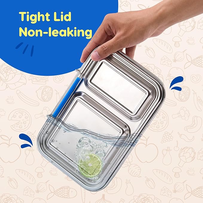Stainless Steel Bento Box Adult 3 Compartments Lunch Box with Lid Stainless Steel Kids Leak Resistant Bento Lunch Box with Bonus Silicone Container Dishwasher-Safe for School Picnics Travel