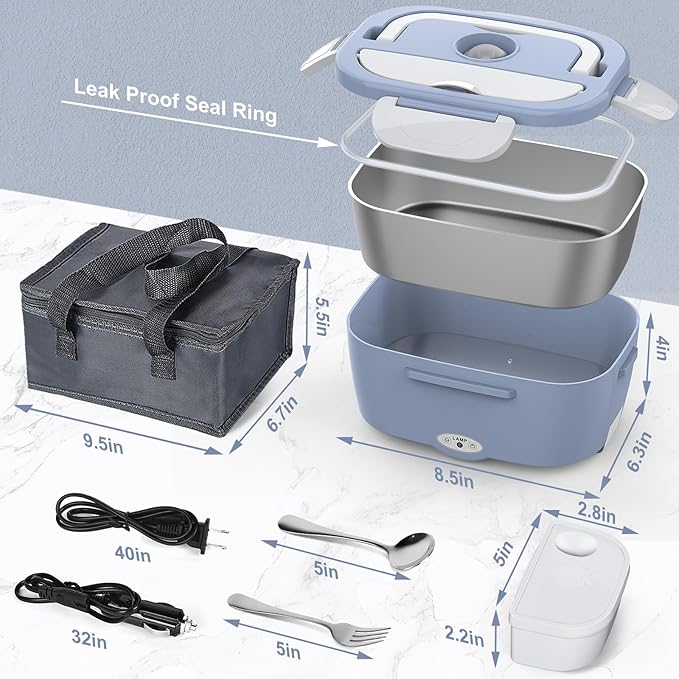 Bule Electric Lunch Box Food Heater, 60-80W Heated Lunch Box for Adults, 12V 24V 110V Portable Food Warmer LunchBox for Car Truck Work with Removable 304 Stainless Steel Container, Carry Bag