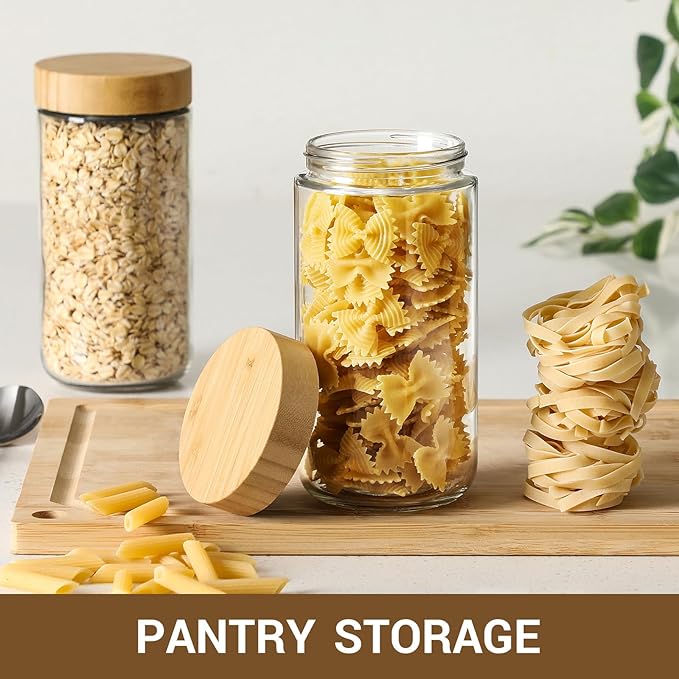 NETANY 4-pack 24oz Glass jars with Airtight Lids, Overnight Oats Containers with Bamboo Lids, Wide mouth Mason Salad jars, Glass Food Storage Containers for Snacks Yogurt Spice Sugar