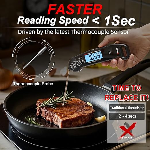 Professional Food & Meat Thermometer, 1 Sec Instant Read & ±0.5℉ Accuracy Driven by Thermocouple Sensor. IP67 Waterproof Digital Thermometer for Cooking, BBQ, Grilling. Gifts for Him Dad. Black