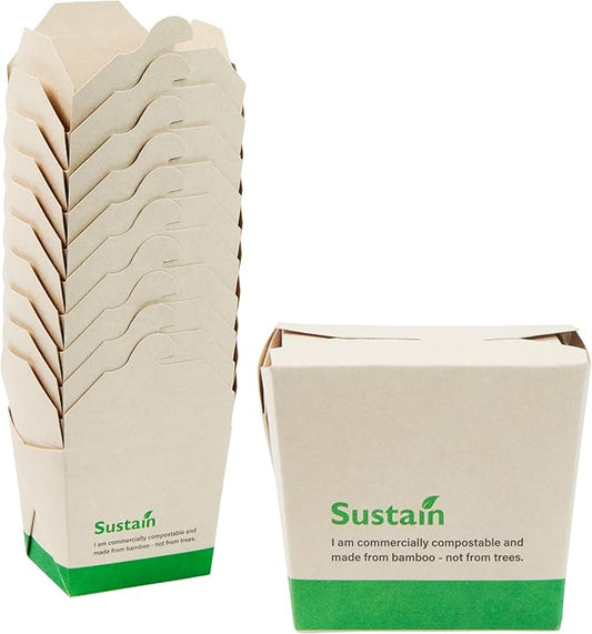 Restaurantware Sustain 8 Ounce Sturdy Paper Take Out Boxes, 200 Disposable Take Out Food Containers - With PLA lining, Compostable, Bamboo Paper Containers, Built-In Tab-Lock Cover, Greaseproof