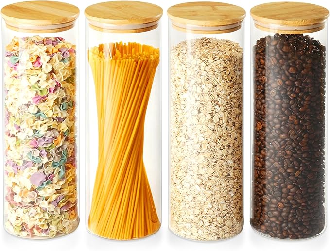 60oz Glass Storage Containers with Lids for Pasta Spaghetti, Tall Glass Jars with Airtight Wood Lids, Kitchen Food Storage Pantry Jars, For Cookies Flour Cereal Sugar Tea Coffee Beans (Set of 4)