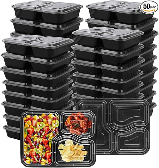 50PCS Disposable Meal Prep Containers 3 Compartment Food Prep Containers with Lids 30oz Plastic Bento Box Lunch Containers Stackable Meal Prep Containers Bulk for Microwave, Freezer Safe