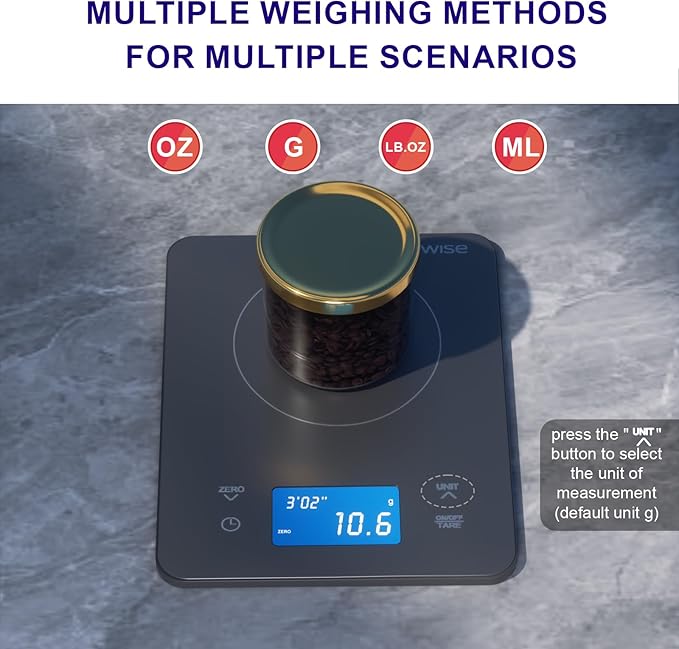 MEGAWISE High Precision 0.1g Coffee/Food Scale with Timer, Dual Power Supply, Waterproof Tempered Glass, 5 Weighing Modes, Professional Coffee Brewing Timer Kitchen