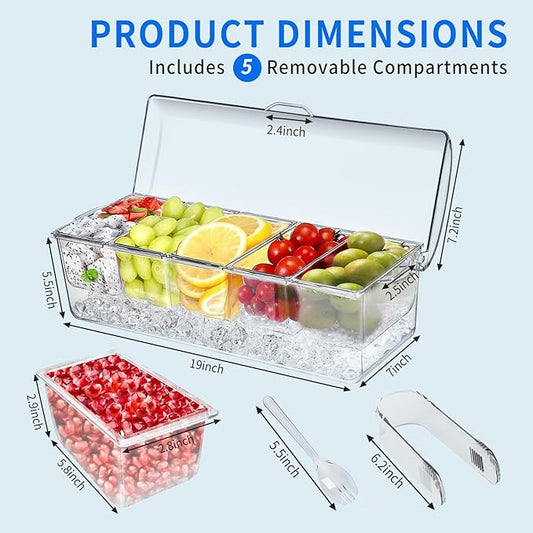 Large Ice Chilled Condiment Caddy，Chilled Condiment Containers Server with Lids for 5 Removable Compartments (2.5 cup)，Serving Platters , Fruit & Garnish Tray for Party Supplies & Bar Accessories