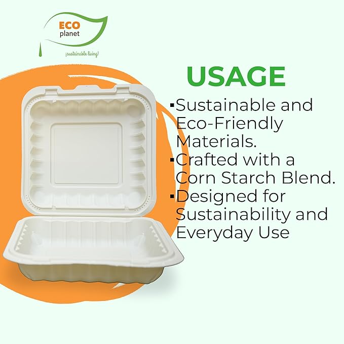 Compostable Food Containers with Lids | Durable, Biodegradable, and Eco-Friendly (50, Square P1)