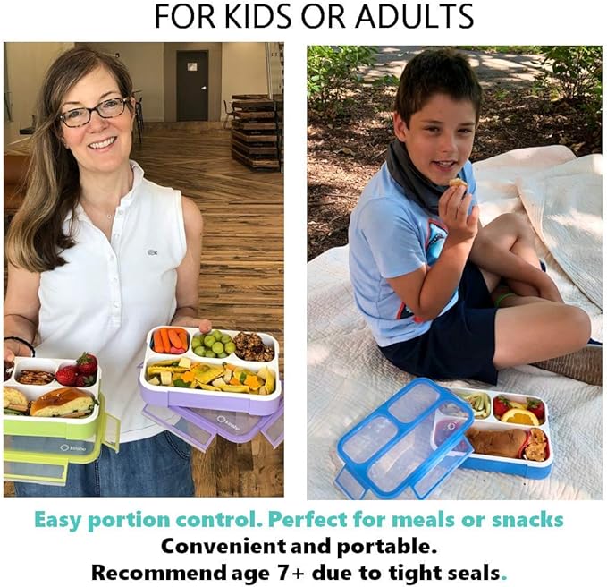 Bento Lunch Box Kids & Adult: Leakproof Lunch Containers for Boys & Girls with 3 Compartments - School, Daycare, Meal Planning Portion Control Container, BPA-Free Boxes, Utensils | Blue Purple 2 pack