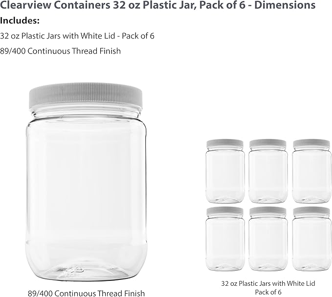6 Pack of 32 Ounce Plastic Quart Jars with 89RM Leak Proof Seal Lid - Food Grade and BPA Free (32oz, 6pk)