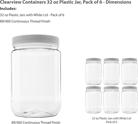 6 Pack of 32 Ounce Plastic Quart Jars with 89RM Leak Proof Seal Lid - Food Grade and BPA Free (32oz, 6pk)