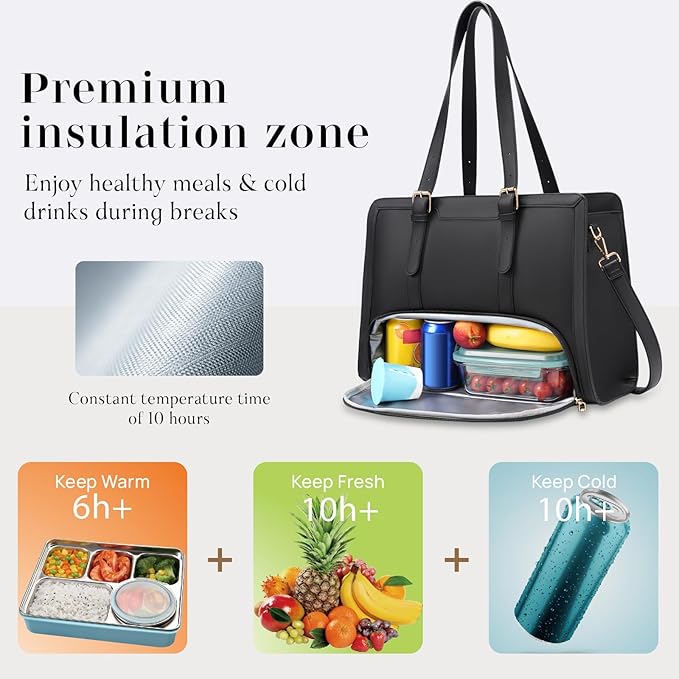 Lunch Tote Bag for Women, 15.6 Inch Laptop Bag with Insulated Lunch Compartment,Black