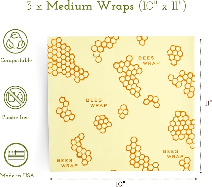 Bee's Wrap Beeswax Wraps for Food - Honeycomb Medium 3 Pack Made in USA Reusable & Organic Food Wraps, Sandwich Wrap & Bowl Covers - Eco-Friendly Alternative to Aluminum Foil & Plastic Wrap