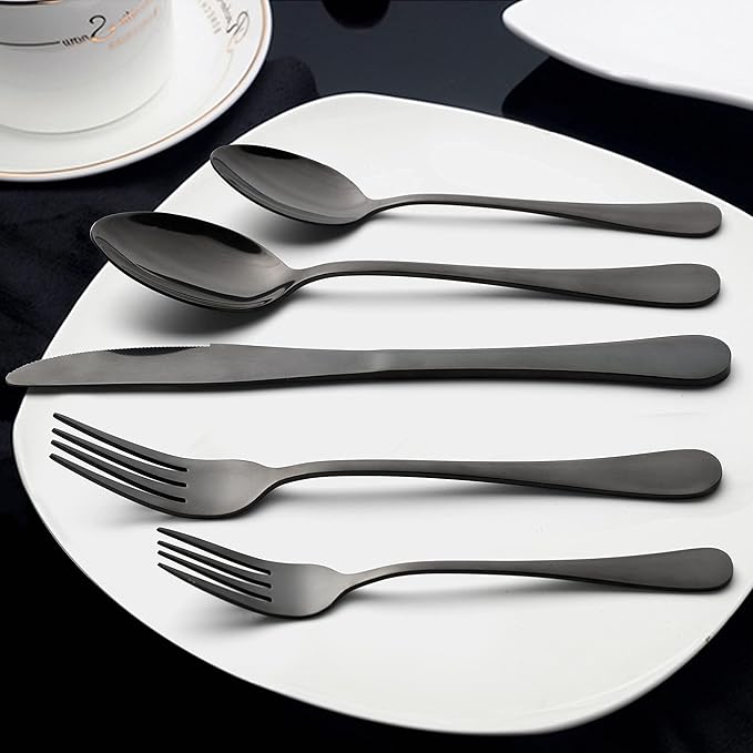 LIANYU Black Silverware Set for 2, 10-Piece Stainless Steel Cutlery Set, Includes Knives, Spoons and Forks, Mirror Polished Dining Flatware Tableware, Dishwasher Safe