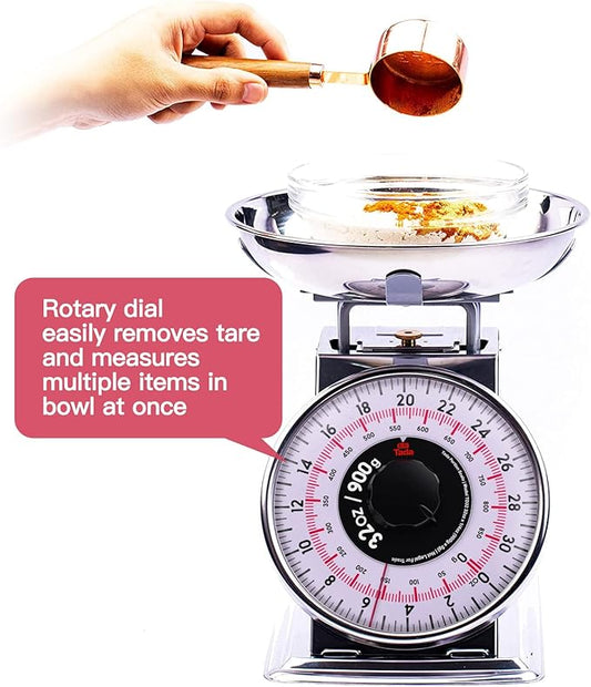 Tada 2 Pound Precise Portions Analog Food Scale 32 Ounces Stainless Steel Mechanical Kitchen Scale Removable Bowl, Tare Function, Retro Style, Kitchen Friendly