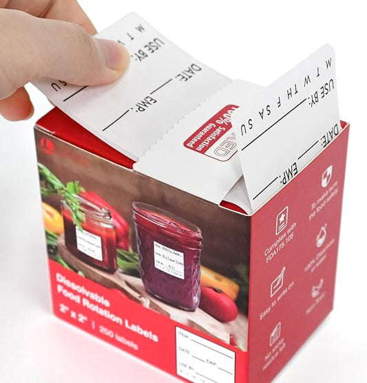 L LIKED 250 Dissolvable Labels 2"x 2" Use by Food Rotation Storage Label，Freezer Label Washable in Dishwasher