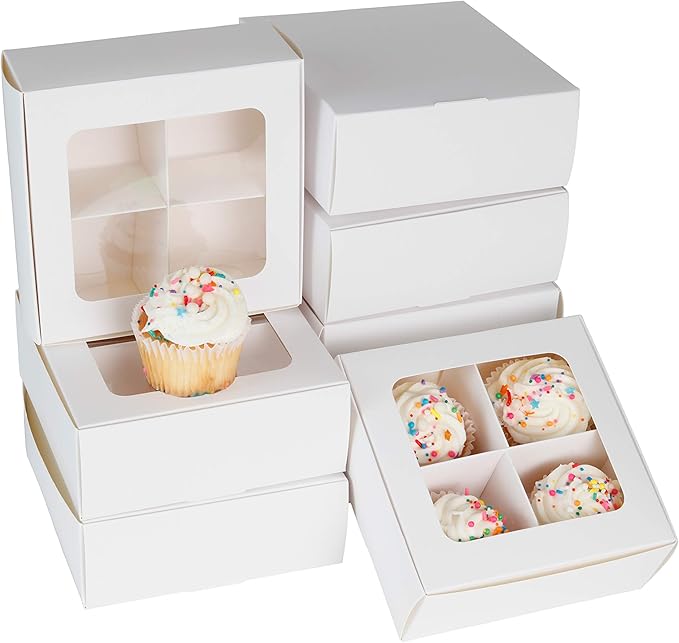 Treat boxes with window and dividers | 4 MEDIUM compartments | 6 x 6 x 2.4 in | Valentine treat boxes, baked goods packaging, box for cookies, pastry packaging | 24-pack (White)