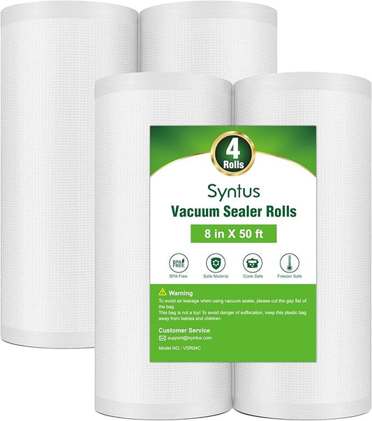 Syntus Vacuum Sealer Bags for Food, 4 Rolls 8" x 50' Commercial Grade Bag Rolls, BPA Free Food Vac Bags for Storage, Meal Prep or Sous Vide