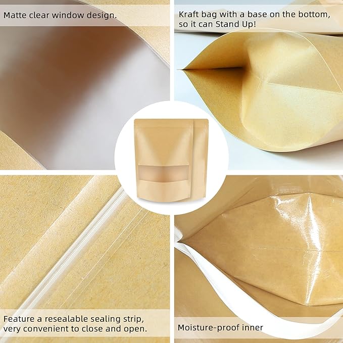 100 Pcs Kraft Stand Up Pouches 3.5 x 5.5 Inch Resealable Zip Lock Food Storage Bags with Matte Window for Packaging