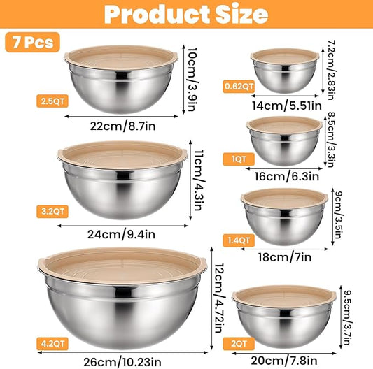 7 Pcs Stainless Steel Mixing Bowls With Lids Set, Stackable Metal Nesting Bowls with Airtight Covers for Cooking, Baking, Serving, Non-toxic & Dishwasher Safe, Size 0.63/1/1.4/2/2.5/3.2/4.2QT