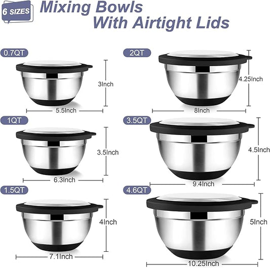 TeamFar Mixing Bowls with Lids Set of 6, Stainless Steel Metal Salad Bowls with Non-Slip Bottom, For Mixing Serving Prepping, Healthy & Heavy Duty, Black,4.6/3.5/2/1.5/1/0.7 QT