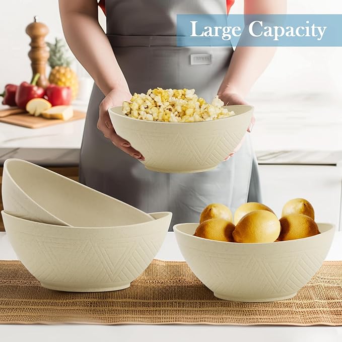 Large Bowls 65 OZ Wheat Straw Bowls Set of 4, Unbreakable Salad Bowl, Microwave & Dishwasher Safe, Kitchen Serving Bowl for Salad, Cereal, Soup and Oatmeal (Beige)