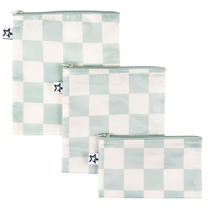 Tiny Twinkle 3 Pack Reusable Snack Bags - Machine Washable, PFAS, PVC, BPA, Phthalate-Free Reusable Baby and Toddler Food Safe Snack Bags (Sage Checkers)