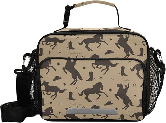 Pfrewn Lunch Box for Kids School Students Wild West Cowboy Horses Insulated Lunch Bag with Shoulder Strap for Office Adults Reusable Cooler Bags Lunch Tote for Girls Boys Teens