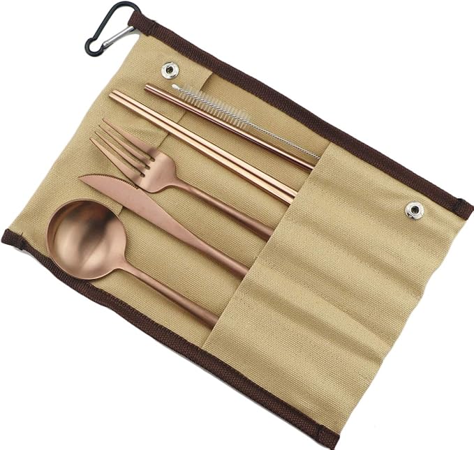 Reusable Travel Utensils, 7 Piece Portable 304 Stainless Steel including Knife Fork Spoon Chopsticks Cleaning Brush Straws Portable Pouch, Eco-friendly Camping Silverware Set, Dishwasher Safe