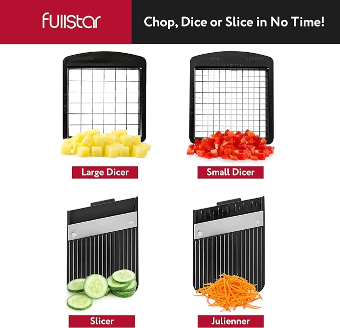 Fullstar All-in-1 Vegetable Chopper and Mandoline Slicer for Kitchen - Cheese Grater, French Fry Cutter, Cheese Slicer - Bonus Handheld Spiralizer Included (4 in 1, Black)
