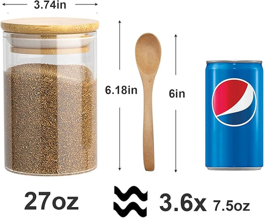 Glass Pantry Storage Containers, 27oz (6 Pack) Borosilicate Glass Food Jars with Airtight Bamboo Lids, 800ml Jar with 6 pcs Wooden Spoons