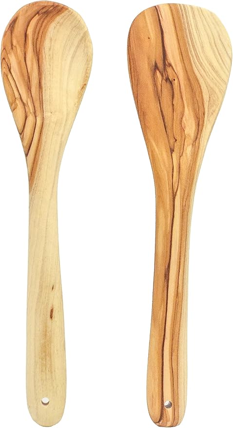 Olive Wood Spoon & Curved Spatula (10 Inch Set of 2 Pieces), Perfect for Camping & Daily Cooking Choice - Wooden Utensils, Turner/Spatula/Spoon, From Bethlehem