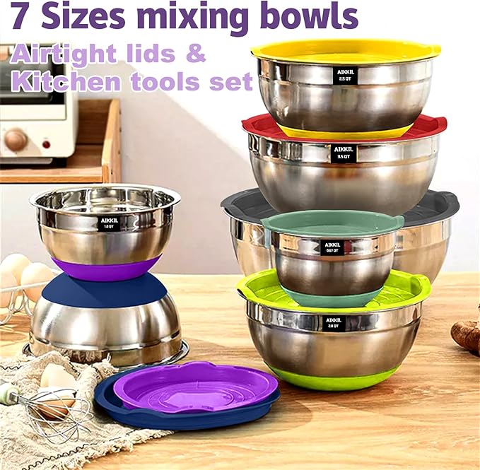 Bowls with Airtight Lids, 20 piece Stainless Steel Metal Nesting Bowls, Non-Slip Colorful Silicone Bottom, Size 7, 3.5, 2.5, 2.0,1.5, 1,0.67QT, Great for Mixing, Baking, Serving