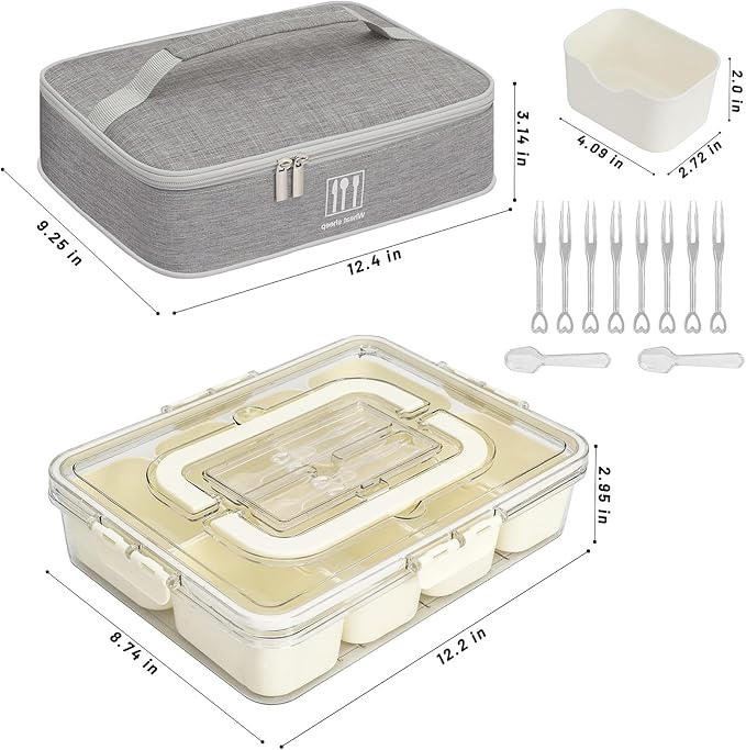 Snack Box Container with Insulated Cooler Bag, Divided Serving Tray with Lid and Handle Beach Essentials, Snackle Box Veggie Fruit Tray with 8 Compartments & 8 Forks & 2 Spoon