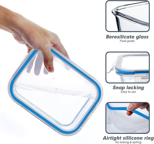 BAYZZ Glass Meal Prep Containers, 10 Packs 22 oz Airtight Glass Food Storage Containers with lids, Glass Lunch Containers, Microwave, Oven, Freezer & Dishwasher Safe, Blue