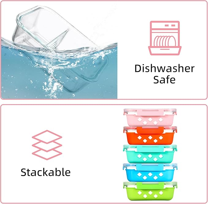 Divided Glass Storage Containers with Silicone Sleeve for Lunch, Glass Meal Prep Containers 2 Compartment with Lids (5 Pack, 34oz), Leak-Proof Portion Control Food Containers, Dishwasher Safe