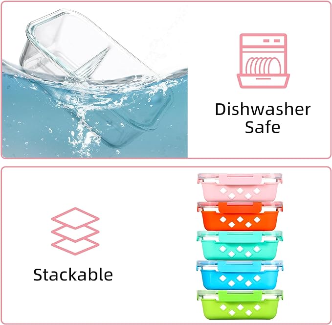 Divided Glass Storage Containers with Silicone Sleeve for Lunch, Glass Meal Prep Containers 2 Compartment with Lids (5 Pack, 34oz), Leak-Proof Portion Control Food Containers, Dishwasher Safe