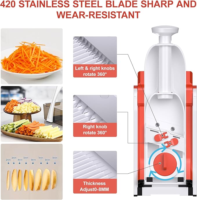 5 in 1 Safe Mandoline Slicer for Kitchen, Safe Vegetable Chopper, Paring Knife, Adjustable Thickness, Easy to Clean, Vegetable Slicer, Slicing, Strips, Shredding, Dicing,Chop (Tropical Orange)