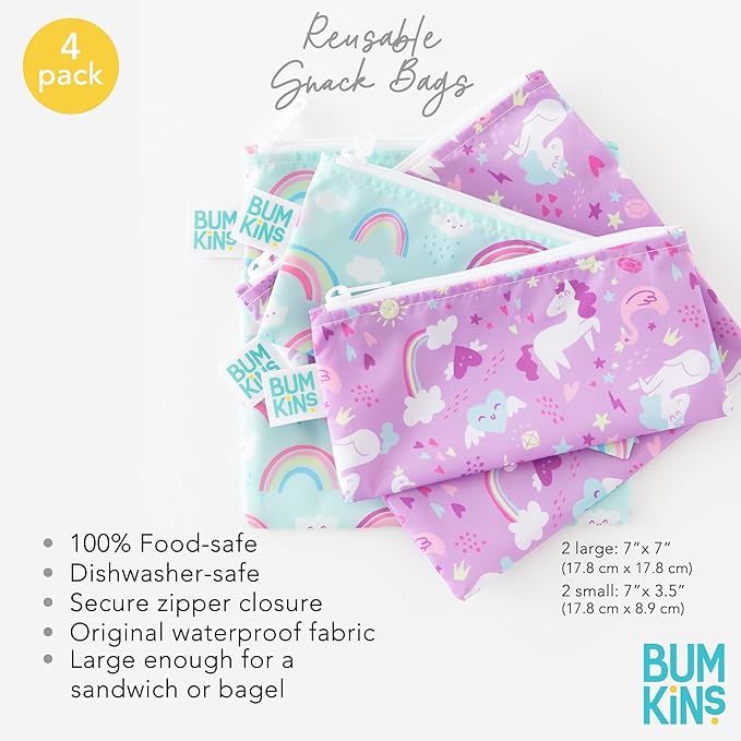 Bumkins Reusable Sandwich and Snack Bags, for Kids School Lunch and for Adults Portion, Washable Fabric, Waterproof Cloth Zip Bag, Travel Pouch, Food-Safe Storage, 4-pack Unicorns and Rainbows