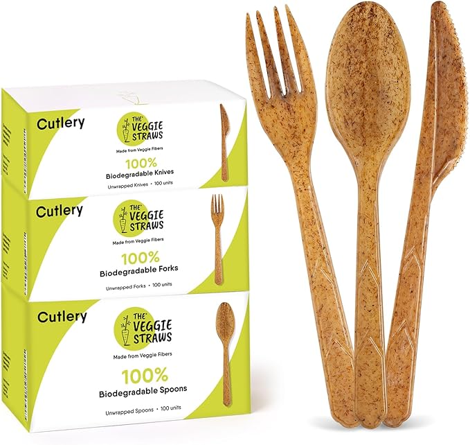100% Biodegradable Cutlery Made of Vegetable Fibers, 300 PCS of 6.7” Long Heavy-Duty and Splinter Free Eco-Friendly Spoons, Forks & Knives, Perfect Sustainable Cutlery by The Veggie Straws