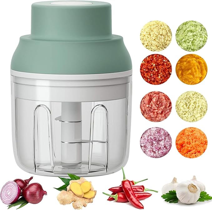 Electric Mini Food Chopper,250ML Portable Garlic Chopper with USB Charging Function, Mini Food Slicer for Onion Vegetables Chili Ginger Meat Nuts Fruits Salad (Green)