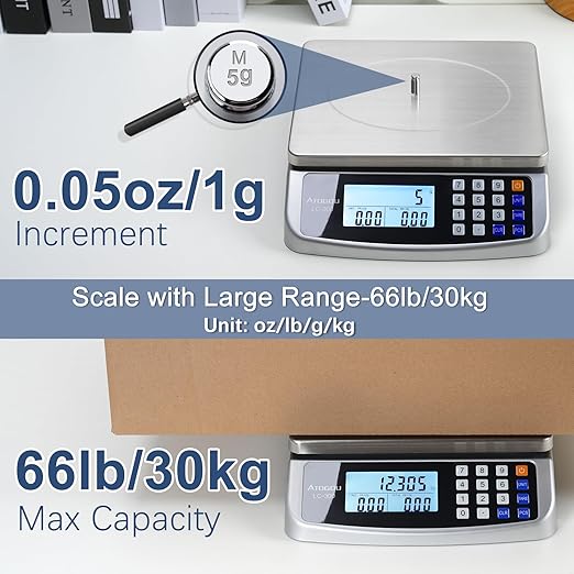 66lb/30kg Commercial Digital Kitchen Scale 0.05oz/1g with Price Computing, 304 Stainless Steel Scale, AA Battery or Plug-in Use and LCD Display for Baking, Cooking, Counting Coins LC300