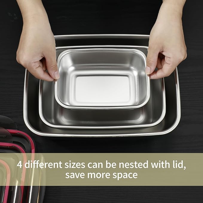 4PCS Stainless steel Food Storage Container with lids - Leakproof & Airtight for Kitchen,Meal Prep Lunch Box, Stackable Leftover Containers for Freezer Oven Safe 220ml/600ml/1500ml/2900ml