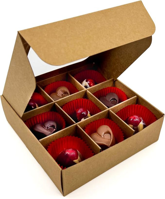 Treat boxes with window and dividers | 9 X-SMALL compartments | 5 x 5 x 1.57 in | Empty candy boxes for gift giving, truffle box - perfect for Valentine's Day | 10-pack (Kraft)