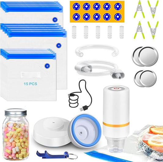 46 PCS Electric Vacuum Sealer, Sous Vide Bags, Handheld Mason Jar Vacuum Sealer & 15 PCS Reusable Vacuum Food Storage Bags for Anova, Joule Cookers, 4 Cooking Clips, 5 Sealing Clips