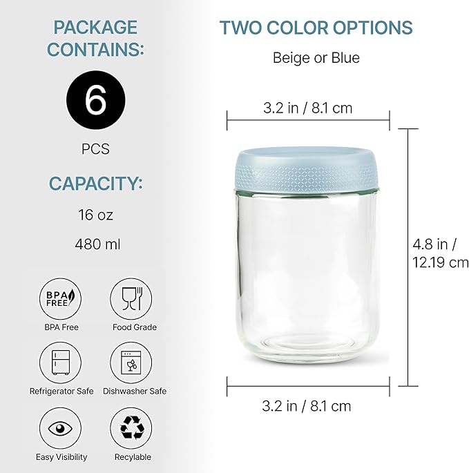 C&O ESSENTIALS 16 oz Glass Mason Jars with Airtight Lids - Wide Mouth Canning Jars for Food Storage, Meal Prep, Overnight Oats, Preserving, Pickling (6-Pack) (Blue)
