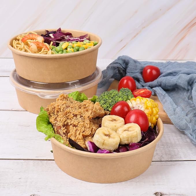 17 oz Disposable Kraft Paper Bowls with Lids, Food Containers for Soup, Party Supplies, Treat Bowls - 50 Pack