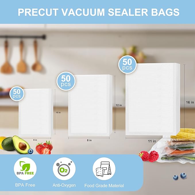 150pcs Vacuum Sealer Bags, Gallon 11"x16" and Quart 8"x12" and Pint 6"x10" Food Saver Bags, Pre-cut Commercial Grade Vac Bags for Food Storage, BPA Free, Heavy Duty, Meal Prep or Sous Vide