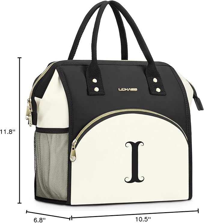 Personalized Lunch Bag for Women, Preppy Reusable Insulated Initials Lunch Box Gift for Friend Large Wide-Open Water Resistant Adult Cooler Tote Bag for Work, Travel, Picnic - Black I
