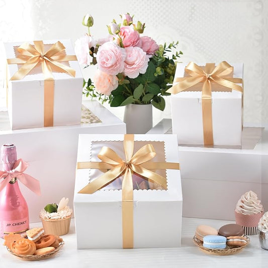 KPOSIYA 40pcs 8x8x5 inches Cake Boxes with Cake Boards（20 Boxes & 20 Boards）, White 8 inch Cake Boxes with Window,Cajas Pasteles Square Cardboard Cake Containers for Christmas Thanksgiving