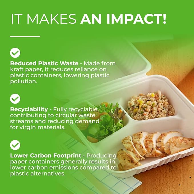 100 Pack Bagasse Clamshell Take Out Containers 9x9 | 3 Section | Heavy Duty To Go Clamshell Food Containers | Planet-Friendly and Compostable Bagasse Take Out Containers for Hot & Cold Food