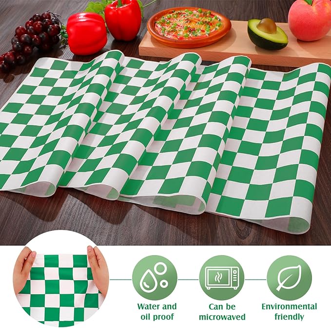 Honeydak 600 Pcs Sandwich Wrapping Paper Sheet 15x15 Checkered Food Wax Sheets Parchment Paper Basket Liner Grease Restaurant Wedding Party Supplies for Wrapping Bread Burgers(Green)